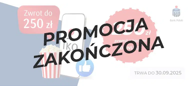 Promocja PKO Bank Polski Konto dla młodych — 250 zł premii z kodem BONUS3, oferta ważna do 30.09.2025 r. Po środku napis PROMOCJA ZAKOŃCZONA.