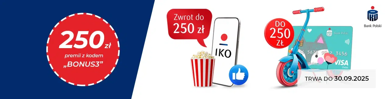 Promocja PKO Bank Polski Konto dla młodych — 250 zł premii z kodem BONUS3, oferta ważna do 30.09.2025 r.