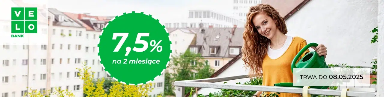 Promocja VeloBank – 7,5% na Koncie Oszczędnościowym przez 2 miesiące. Oferta ważna do 8.05.2025. Uśmiechnięta kobieta podlewa rośliny na balkonie.