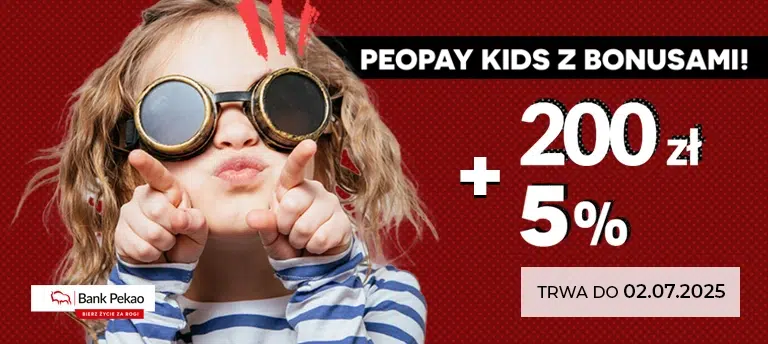 Promocja PeoPay KIDS z bonusami – 200 zł premii i 5% na koncie oszczędnościowym. Oferta Banku Pekao ważna do 02.07.2025. Dziewczynka w okularach pilotki na czerwonym tle.