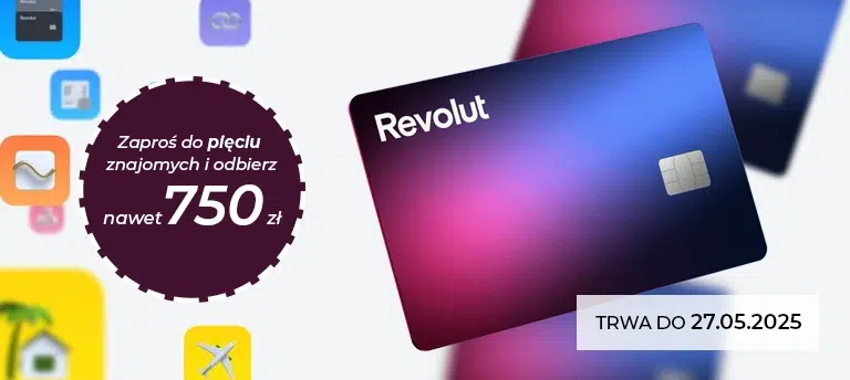 Promocja Revolut – zaproś do pięciu znajomych i odbierz nawet 750 zł. Oferta ważna do 27.05.2025. Karta Revolut na tle ikon aplikacji mobilnych.