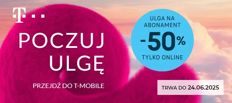 T-Mobile – promocja „Poczuj ulgę”: 50% ulgi na abonament przy przejściu do T-Mobile. Oferta dostępna tylko online, ważna do 24.06.2025. Różowy kształt z futerkiem na tle nieba i zachodu słońca.