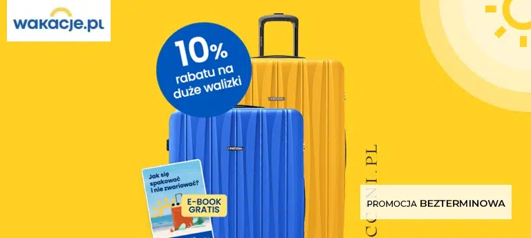Wakacje.pl – 10% rabatu na duże walizki Puccini i darmowy e-book „Jak się spakować i nie zwariować?”. Promocja bezterminowa. Grafika z walizkami i żółtym wakacyjnym tłem.
