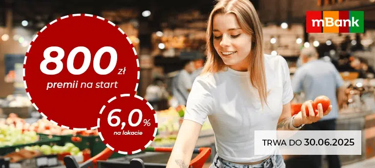 Promocja mBank – 800 zł premii na start i 6% na lokacie. Oferta ważna do 30.06.2025. Młoda kobieta wybiera warzywa w supermarkecie, logo mBank w prawym górnym rogu.