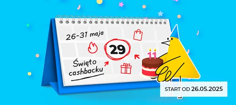 11. urodziny Letyshops – Święto cashbacku od 26 do 31 maja 2025. Ilustracja kalendarza z zaznaczoną datą 29 maja, żółty stworek z tortem, kolorowe konfetti na niebieskim tle.