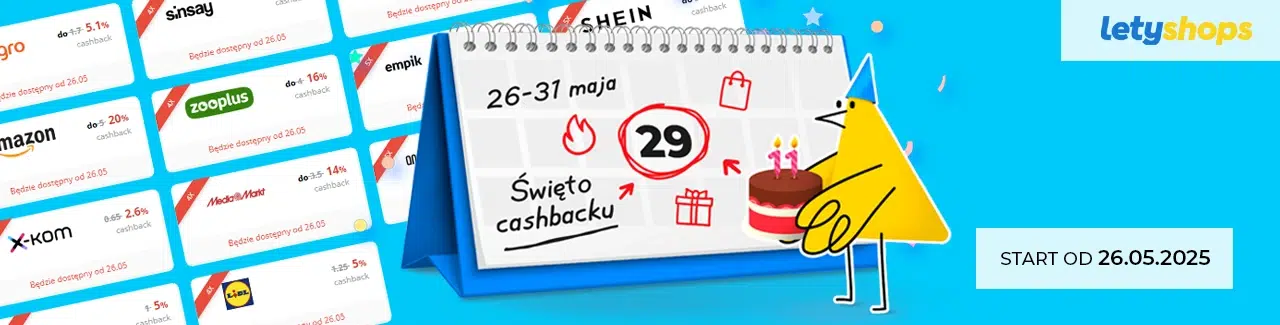 11. urodziny Letyshops – Święto cashbacku od 26 do 31 maja 2025. Ilustracja kalendarza z zaznaczoną datą 29 maja, żółty stworek z tortem, kolorowe konfetti na niebieskim tle.