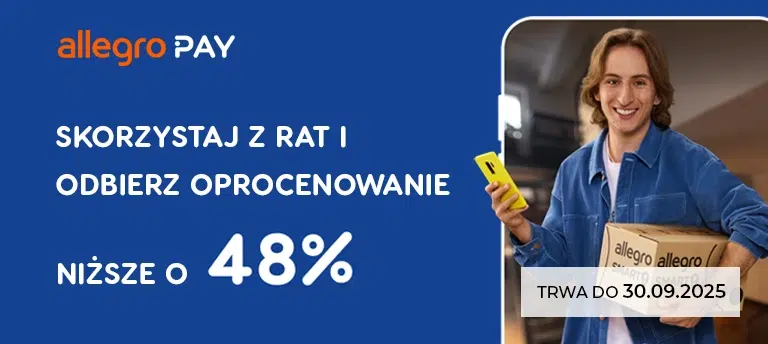 Mężczyzna trzymający paczkę Allegro i telefon, obok napis: „Skorzystaj z rat i odbierz oprocentowanie niższe o 48%. Promocja Allegro Pay trwa do 30.09.2025”.