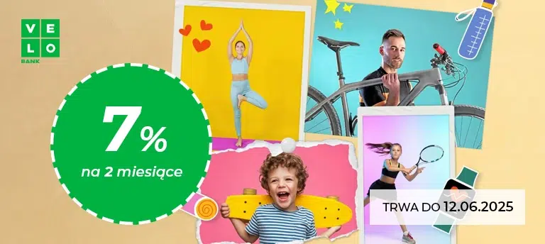 Promocja VeloBank – 7% na Koncie Oszczędnościowym przez 2 miesiące. Oferta ważna do 12.06.2025. Kolorowa grafika z kolażem sportowych i rodzinnych zdjęć oraz logo VeloBank.