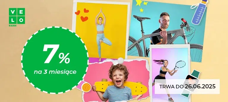 Promocja VeloBank – 7% na Koncie Oszczędnościowym przez 3 miesiące. Oferta ważna do 26.06.2025. Kolorowa grafika z kolażem sportowych i rodzinnych zdjęć oraz logo VeloBank.