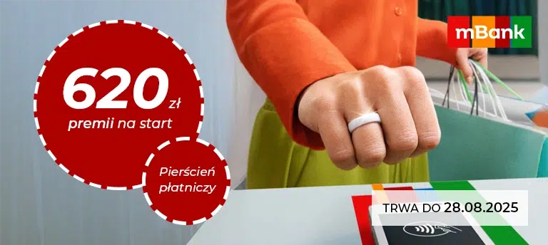 mBank – promocja konta osobistego z premią 620 zł i pierścieniem płatniczym. Oferta ważna do 28.08.2025.