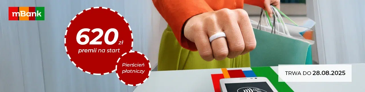 mBank – promocja konta osobistego z premią 620 zł i pierścieniem płatniczym. Oferta ważna do 28.08.2025.