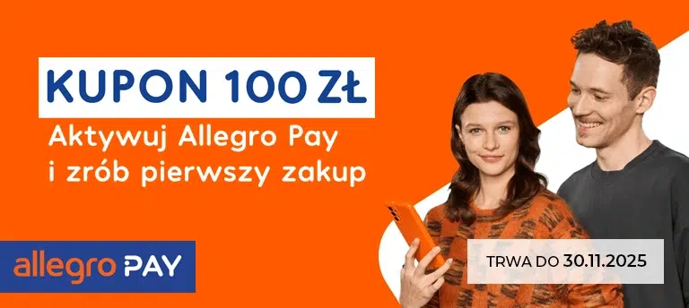 Allegro Pay promocja listopad 2025 – kupon 100 zł za aktywację i pierwszy zakup, ważność do 30.11.2025. Na pomarańczowym tle kobieta z telefonem i uśmiechnięty mężczyzna.