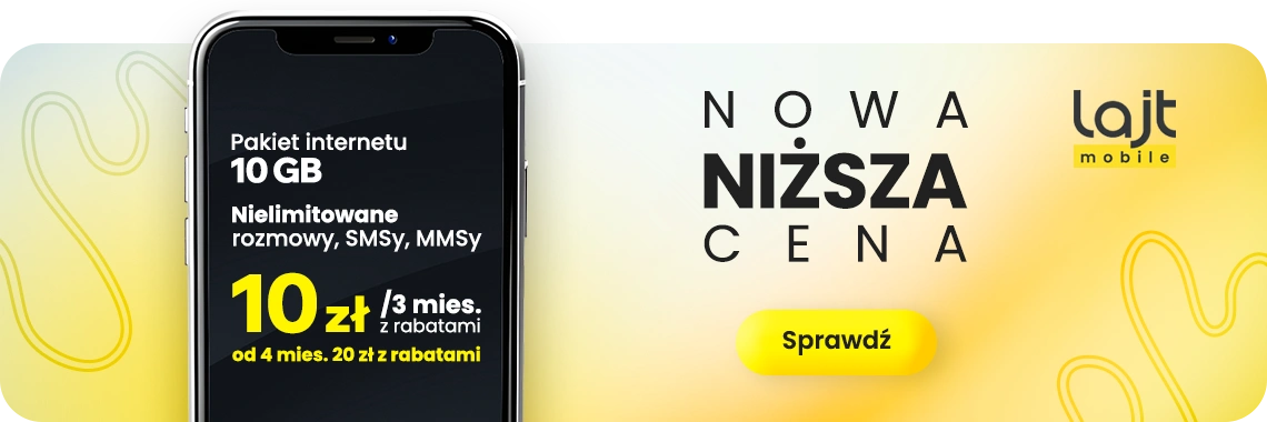 Promocja Lajt Mobile – pakiet 10 GB i nielimitowane rozmowy, SMS-y, MMS-y za 10 zł przez 3 miesiące z rabatami. Nowa niższa cena.