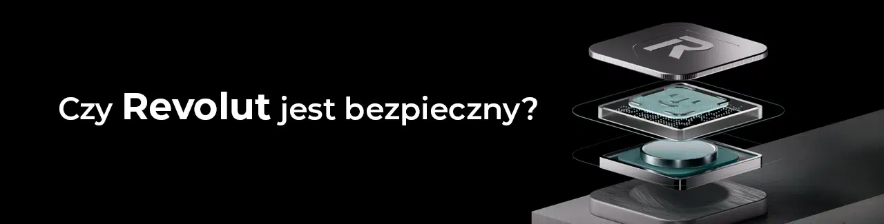 Grafika z napisem „Czy Revolut jest bezpieczny?” na czarnym tle. Obok ilustracja układu elektronicznego z rozłożonymi warstwami chipów i logiem Revolut, symbolizująca bezpieczeństwo technologiczne.