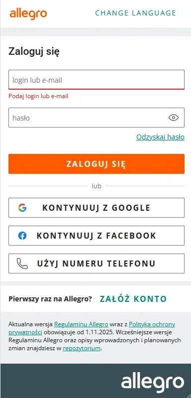 Mobilna wersja formularza logowania Allegro. Widoczne pola do wpisania loginu i hasła, przycisk „Zaloguj się”, opcje logowania przez Google, Facebook i numer telefonu, a także link do założenia nowego konta.