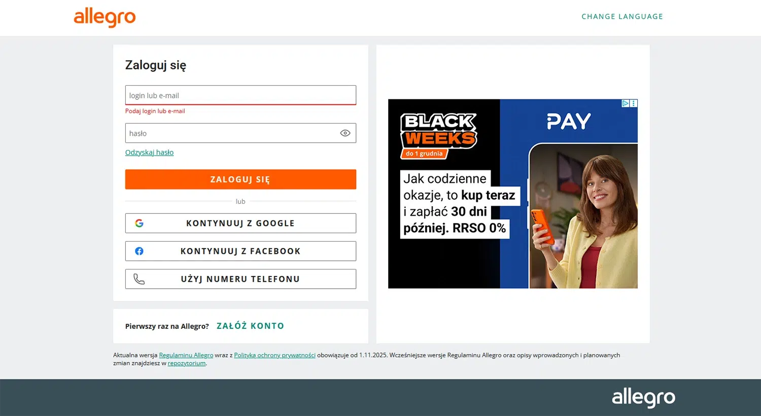 Ekran logowania Allegro z formularzem po lewej stronie i reklamą Allegro Pay po prawej. Reklama promuje akcję „Black Weeks” z hasłem „Kup teraz i zapłać 30 dni później. RRSO 0%”. Kobieta z uśmiechem trzyma telefon w dłoni.