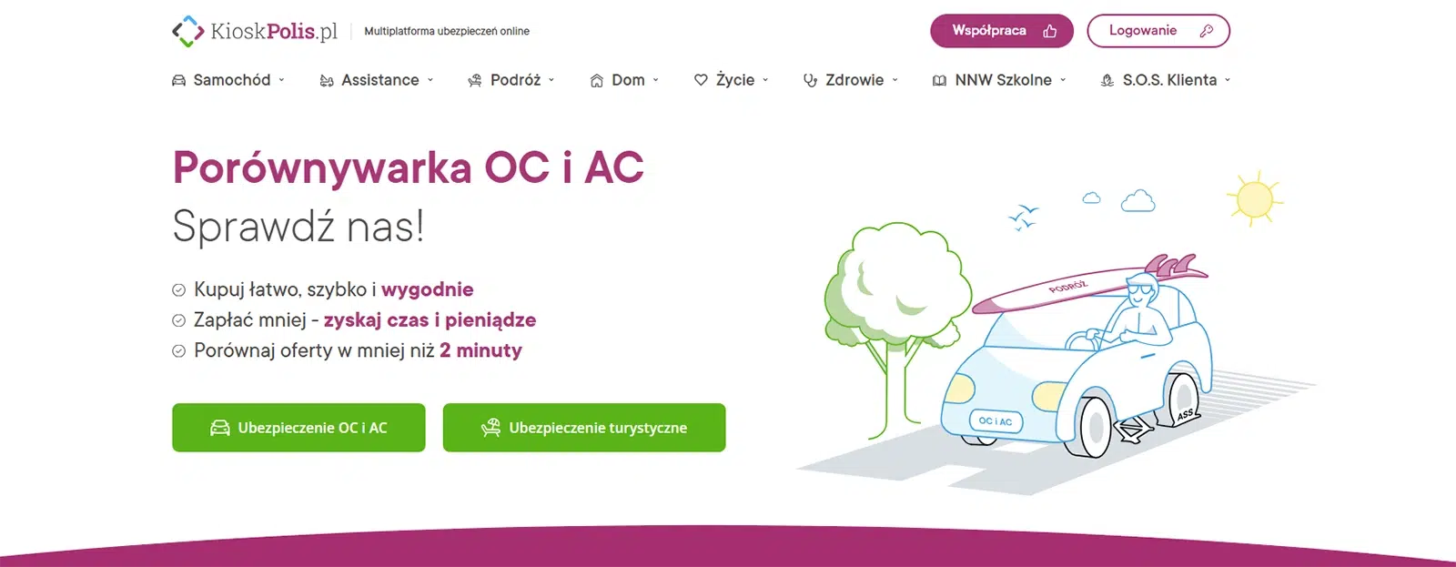 Porównywarka OC i AC na stronie głównej KioskPolis.pl – szybkie i wygodne ubezpieczenia komunikacyjne i turystyczne online.