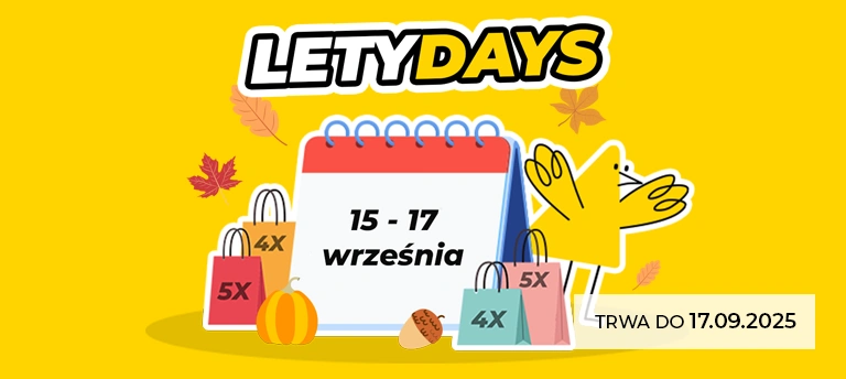 Letydays 15–17 września 2025 – promocja z podwyższonym cashbackiem do 5× w Letyshops. Jesienna grafika z kalendarzem i torbami zakupowymi.