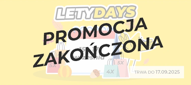 Letydays 15–17 września 2025 – promocja z podwyższonym cashbackiem do 5× w Letyshops. Jesienna grafika z kalendarzem i torbami zakupowymi. Po środku napis PROMOCJA ZAKOŃCZONA.