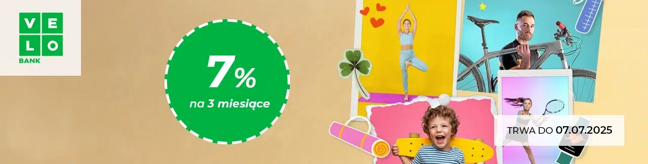 Promocja VeloBank – 7% na Koncie Oszczędnościowym przez 3 miesiące. Oferta ważna do 7.07.2025. Kolorowa grafika z kolażem sportowych i rodzinnych zdjęć oraz logo VeloBank.