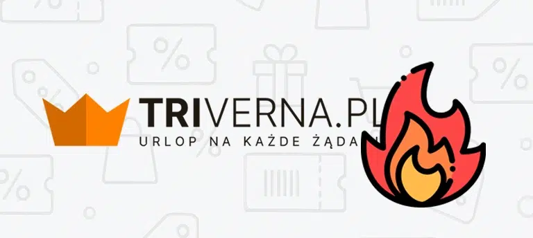 Triverna – logo z ikoną ognia oznaczającą promocje i kody rabatowe na wakacje i pobyty w hotelach.