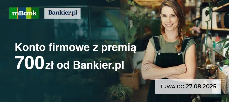 Promocja mBank i Bankier.pl – konto firmowe mBiznes z premią 700 zł, ważna do 27.08.2025. Kobieta w fartuchu na tle sklepu roślinnego.