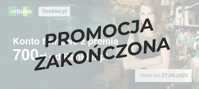 Promocja mBank i Bankier.pl – konto firmowe mBiznes z premią 700 zł, ważna do 27.08.2025. Kobieta w fartuchu na tle sklepu roślinnego. Po środku napis PROMOCJA ZAKOŃCZONA.