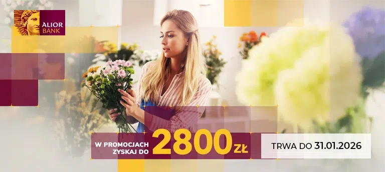 Promocja konta firmowego w Alior Banku – do 2800 zł w promocjach, ważna do 31.01.2026 r. Atrakcyjna blondynka z kwiatami w rękach.