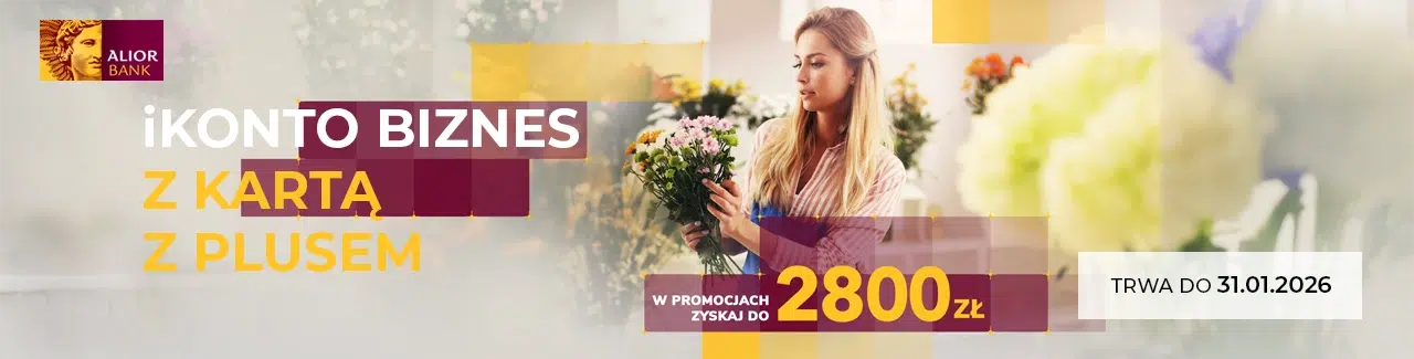 Promocja konta firmowego w Alior Banku – do 2800 zł w promocjach, ważna do 31.01.2026 r. Atrakcyjna blondynka z kwiatami w rękach.
