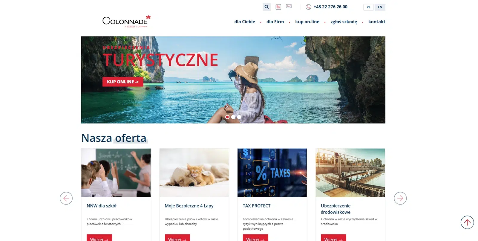 Strona główna Colonnade – oferta ubezpieczeń turystycznych, szkolnych (NNW), dla zwierząt, podatkowych oraz środowiskowych, przycisk do zakupu online.