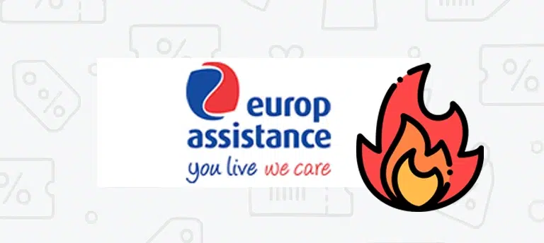 Logo Europ Assistance z hasłem „you live we care” na tle ikon zniżek oraz grafika płomienia symbolizująca aktualną promocję lub gorącą ofertę na ubezpieczenia turystyczne.