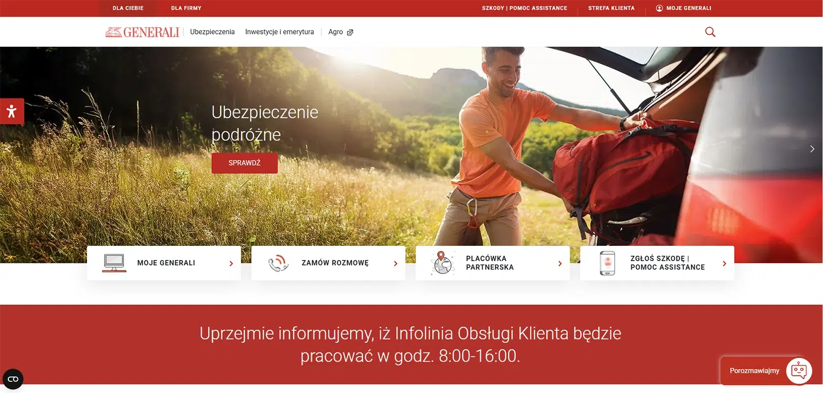 Strona główna Generali – ubezpieczenia podróżne z możliwością zakupu online, dostęp do panelu Moje Generali, infolinii oraz zgłaszania szkód i assistance.