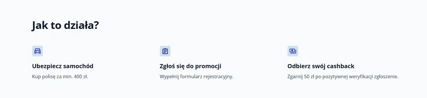Grafika informacyjna pokazująca, jak skorzystać z promocji Rankomat 50 zł: zakup polisy za minimum 400 zł, rejestracja w promocji oraz odbiór cashbacku po pozytywnej weryfikacji zgłoszenia.