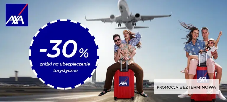 Kod rabatowy AXA – 30% zniżki na ubezpieczenie turystyczne, bezterminowa promocja widoczna na tle startującego samolotu.