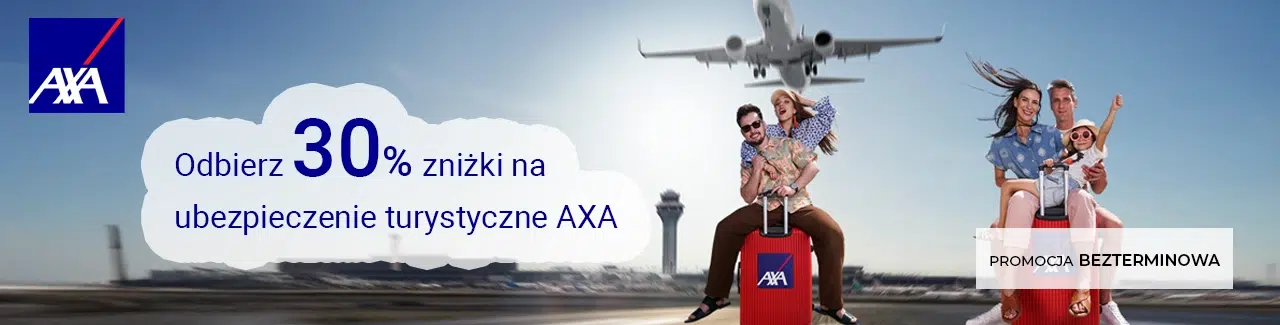 Kod rabatowy AXA – 30% zniżki na ubezpieczenie turystyczne, bezterminowa promocja dla rodzin, par i osób podróżujących za granicę.