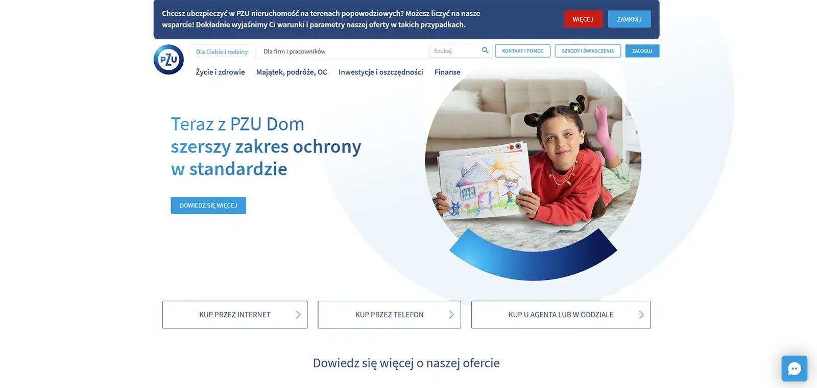 Strona główna PZU – oferta ubezpieczenia domu z szerszym zakresem ochrony, możliwość zakupu przez internet, telefon lub u agenta.