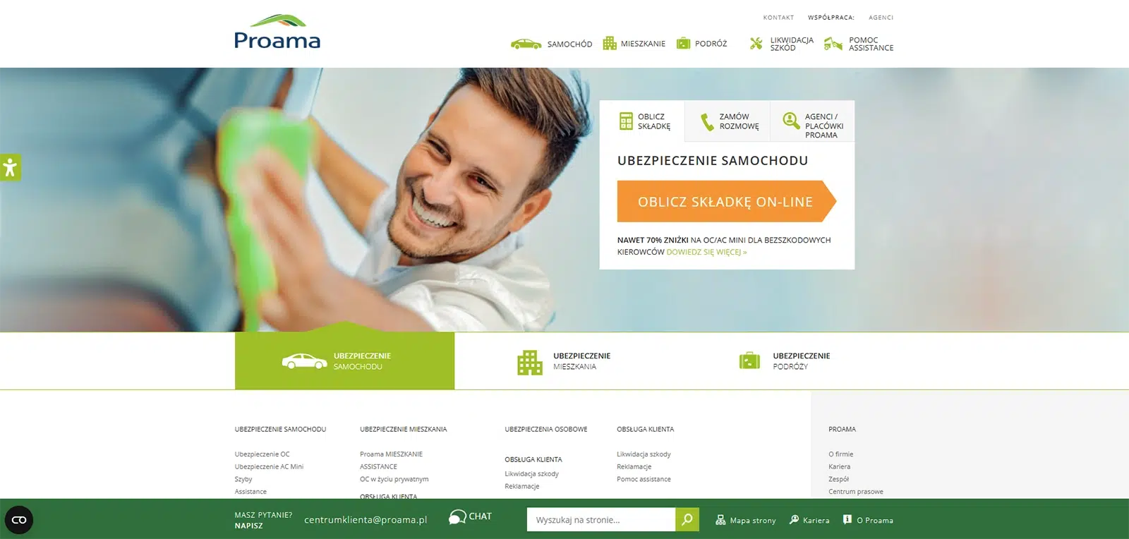 Strona główna Proama – oferta ubezpieczeń samochodu, mieszkania i podróży, kalkulator składki OC/AC online i promocje dla bezszkodowych kierowców.