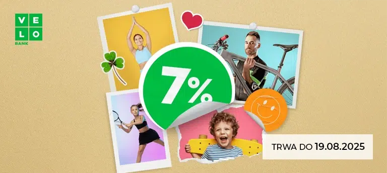 Grafika promocyjna VeloBanku przedstawiająca ofertę 7% na koncie oszczędnościowym. W tle znajdują się kolorowe zdjęcia osób uprawiających sport, dziecka z deskorolką oraz symboli szczęścia i uśmiechu. W prawym dolnym rogu data zakończenia promocji: 19.08.2025.