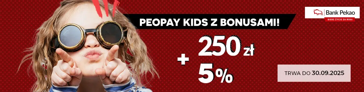 Promocja Banku Pekao dla konta PeoPay KIDS – 250 zł premii i 5% na koncie oszczędnościowym. Po lewej stronie uśmiechnięte dziecko w ciemnych okrągłych okularach i koszulce w paski, wskazujące palcami do przodu. W tle czerwone tło z logo Banku Pekao. Po prawej stronie tekst o bonusie i data zakończenia promocji: 30.09.2025.