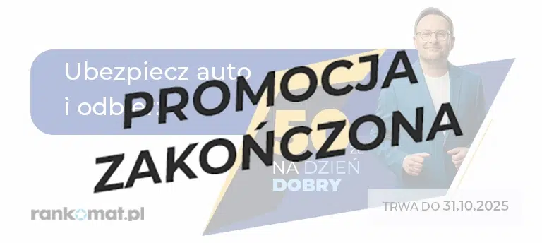 Promocja Rankomat.pl – ubezpiecz auto i odbierz 50 zł na dzień dobry. Oferta ważna do 31.10.2025. Mężczyzna w niebieskiej marynarce, logo Rankomat i dynamiczna grafika promocyjna. Po środku napis PROMOCJA ZAKOŃCZONA.