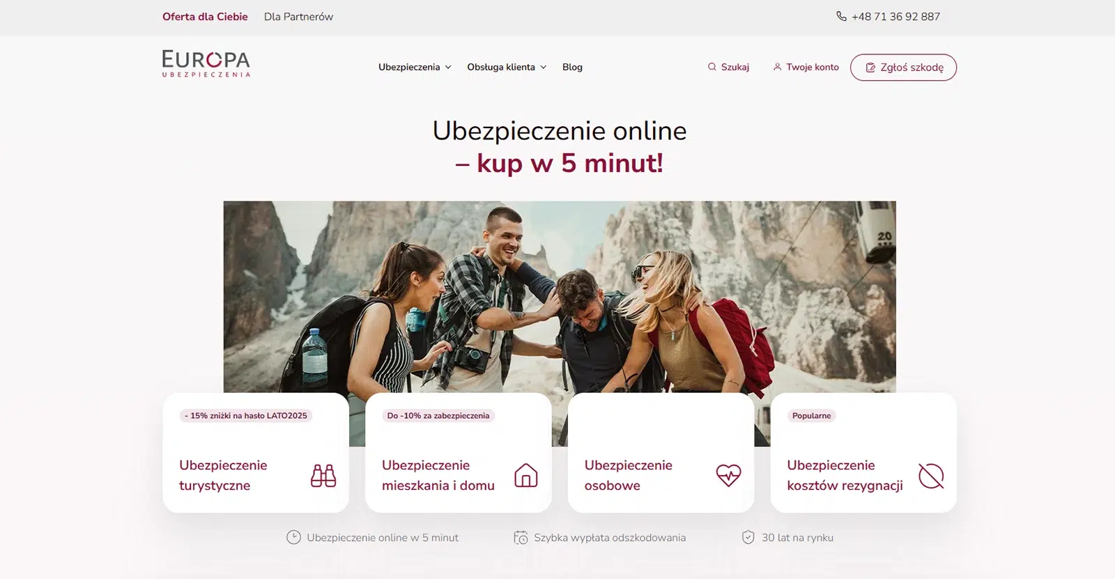Strona główna TU Europa – baner z hasłem „Ubezpieczenie online – kup w 5 minut!” oraz zdjęcie grupy młodych turystów w górach. Dostępne oferty: ubezpieczenie turystyczne z rabatem 15% na hasło LATO2025, ubezpieczenie mieszkania i domu, ubezpieczenie osobowe oraz ubezpieczenie kosztów rezygnacji.