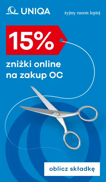 Baner UNIQA – 15% zniżki online na zakup ubezpieczenia OC, przycisk „oblicz składkę”. Wersja mobilna.