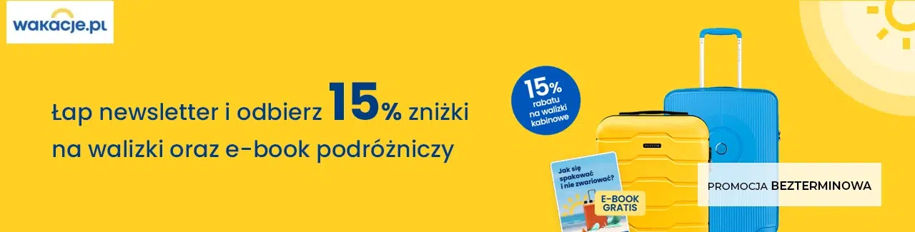 Promocja Wakacje.pl – 15% rabatu na walizki kabinowe Puccini i darmowy e-book podróżniczy za zapis do newslettera.
