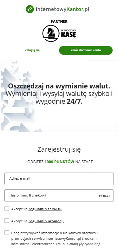 Mobilny widok strony promocji InternetowyKantor.pl we współpracy z WskoczPoKasę z formularzem rejestracji umożliwiającym otrzymanie 1000 punktów na start do wymiany walut.