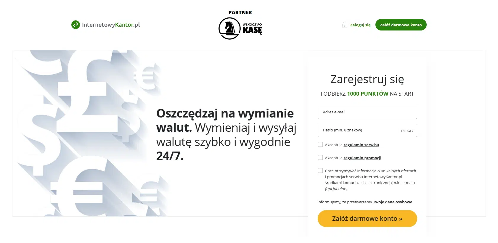 Landing page promocji InternetowyKantor.pl przygotowanej we współpracy z WskoczPoKasę. Nowy użytkownik może zarejestrować konto i otrzymać 1000 punktów na start do wymiany walut.