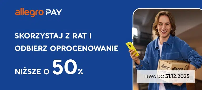 Mężczyzna trzymający paczkę Allegro i telefon, obok napis: „Skorzystaj z rat i odbierz oprocentowanie niższe o 50%. Promocja Allegro Pay trwa do 31.12.2025”.