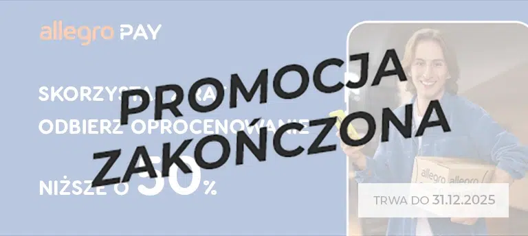 Mężczyzna trzymający paczkę Allegro i telefon, obok napis: „Skorzystaj z rat i odbierz oprocentowanie niższe o 50%. Promocja Allegro Pay trwa do 31.12.2025”. Po środku przezroczysty napis PROMOCJA ZAKOŃCZONA.