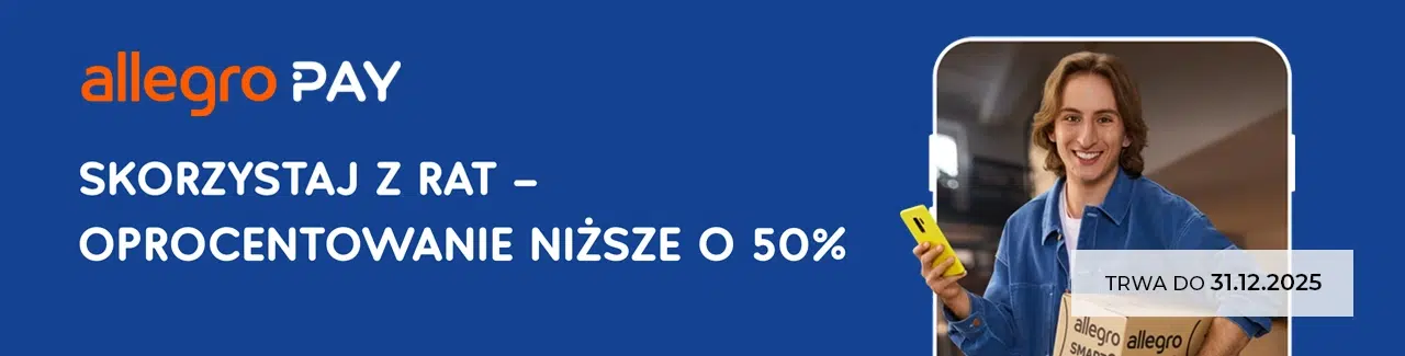 Mężczyzna trzymający paczkę Allegro i telefon, obok napis: „Skorzystaj z rat i odbierz oprocentowanie niższe o 50%. Promocja Allegro Pay trwa do 31.12.2025”.