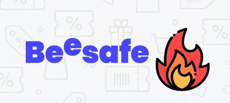 Logo Beesafe obok ikony płomienia symbolizującej gorącą promocję.
