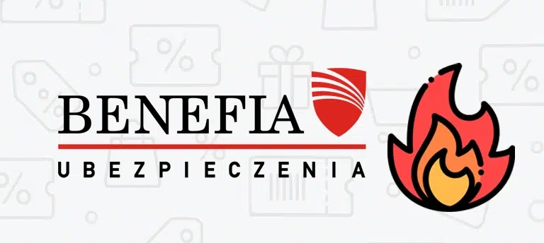 Logo Benefia Ubezpieczenia obok ikony ognia oznaczającej gorącą promocję.